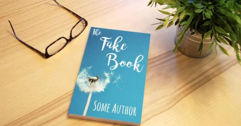 A 6 Inches Long Small Paperback Book titled "The Fake Book" by Jane Author, displayed on a wooden surface showing length of 6 inches.