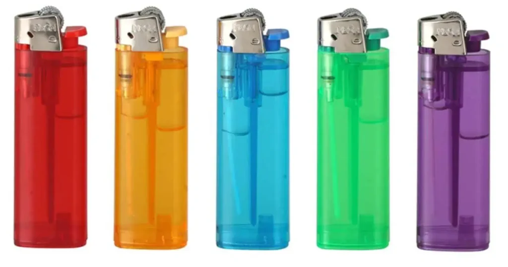 A collection of 6 inches long disposable lighters in various vibrant colors arranged together.