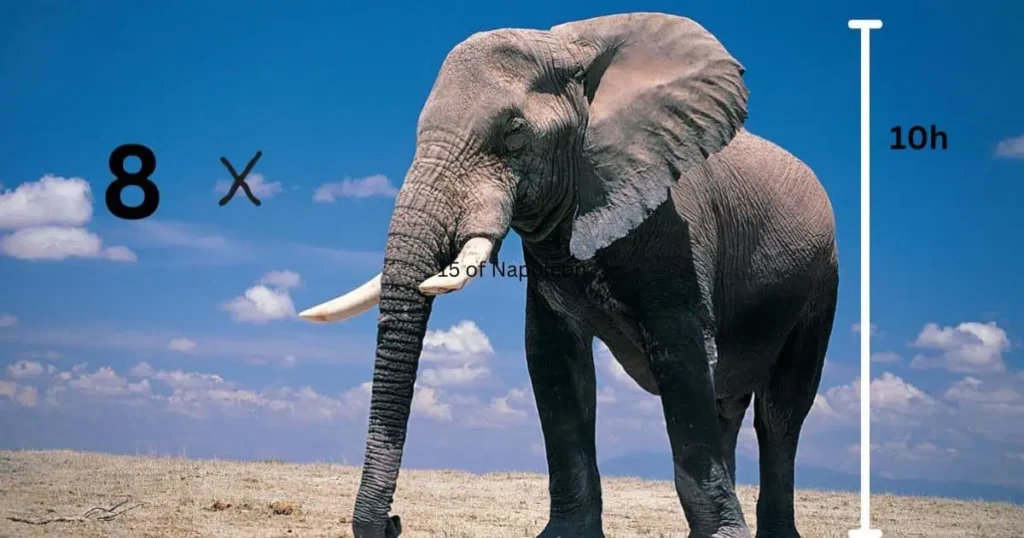 An elephant standing in a field, representing the size of 80 feet long, equivalent to 8 elephants in total.