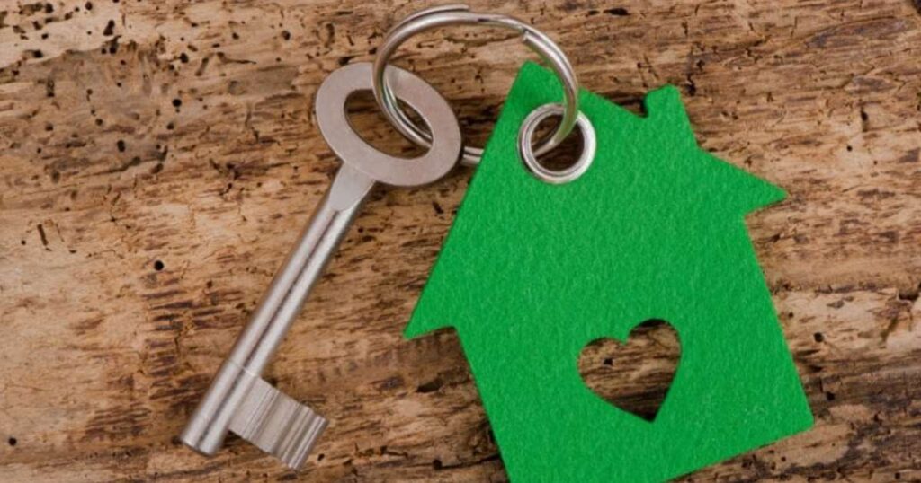 A green house key featuring a heart shape, showcasing a thickness of 2mm for added durability and style.
