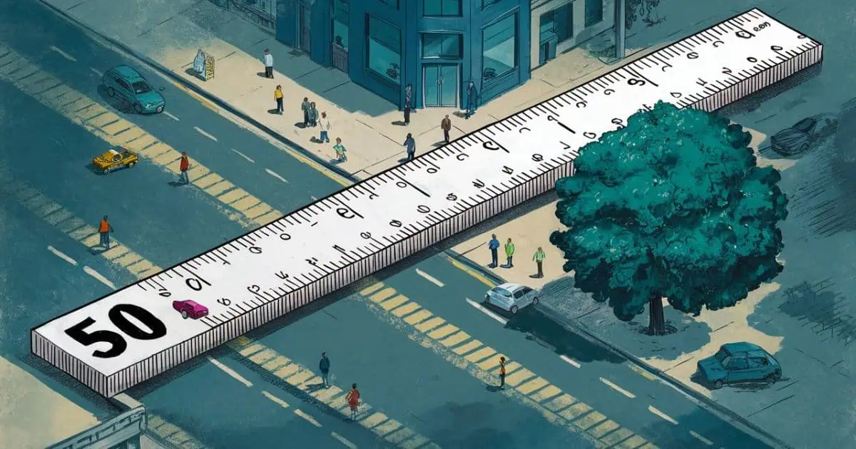 A picture showing a scale depicting the size of 50 feet.