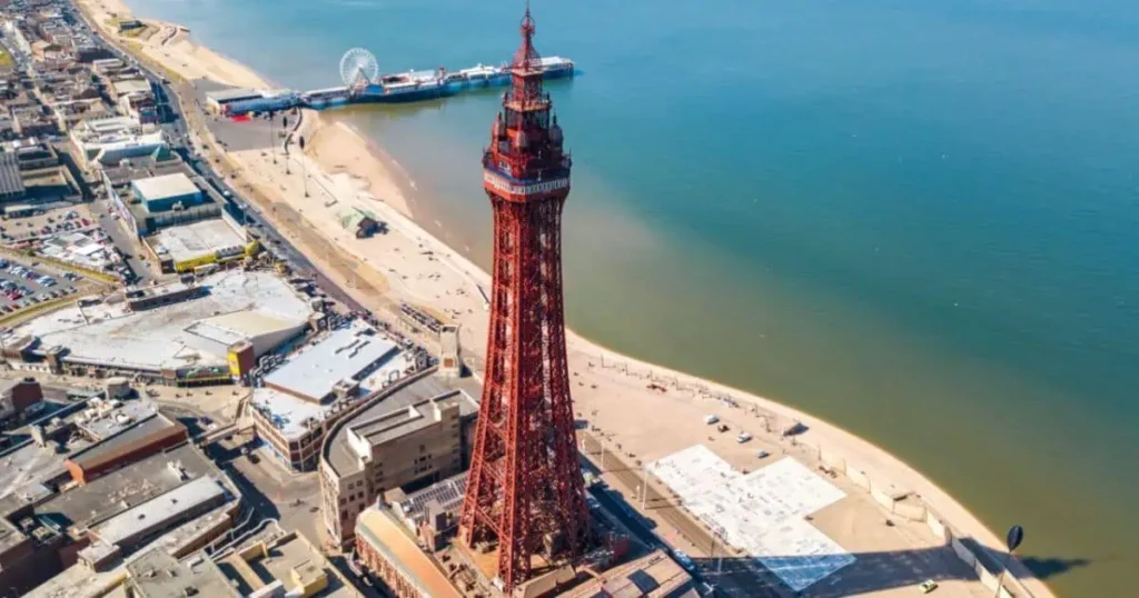 Overhead perspective of The Blackpool Tower, highlighting its distinctive design and prominence in the area.