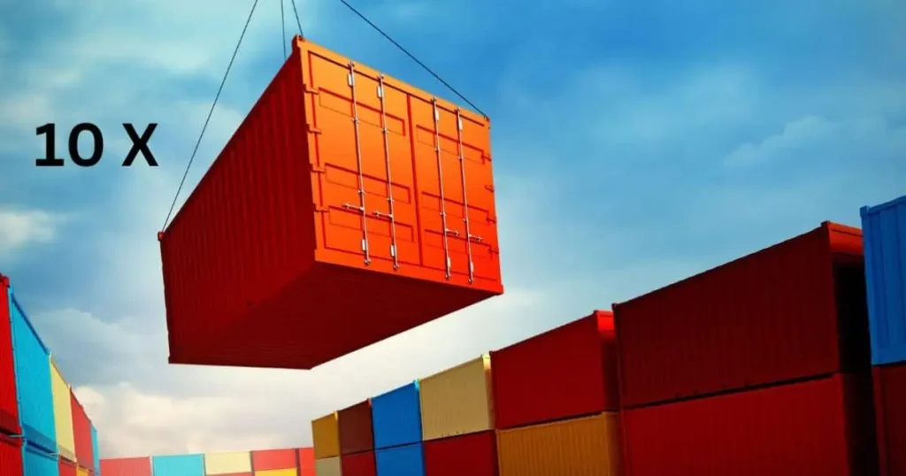 A crane lifts a container marked "10x," illustrating the concept of 10 Shipping Containers shows 500 ft size.